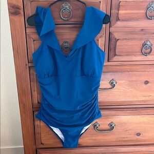 BloomChic Blue One Piece Ruffled V-Neck Swimsuit NWOT